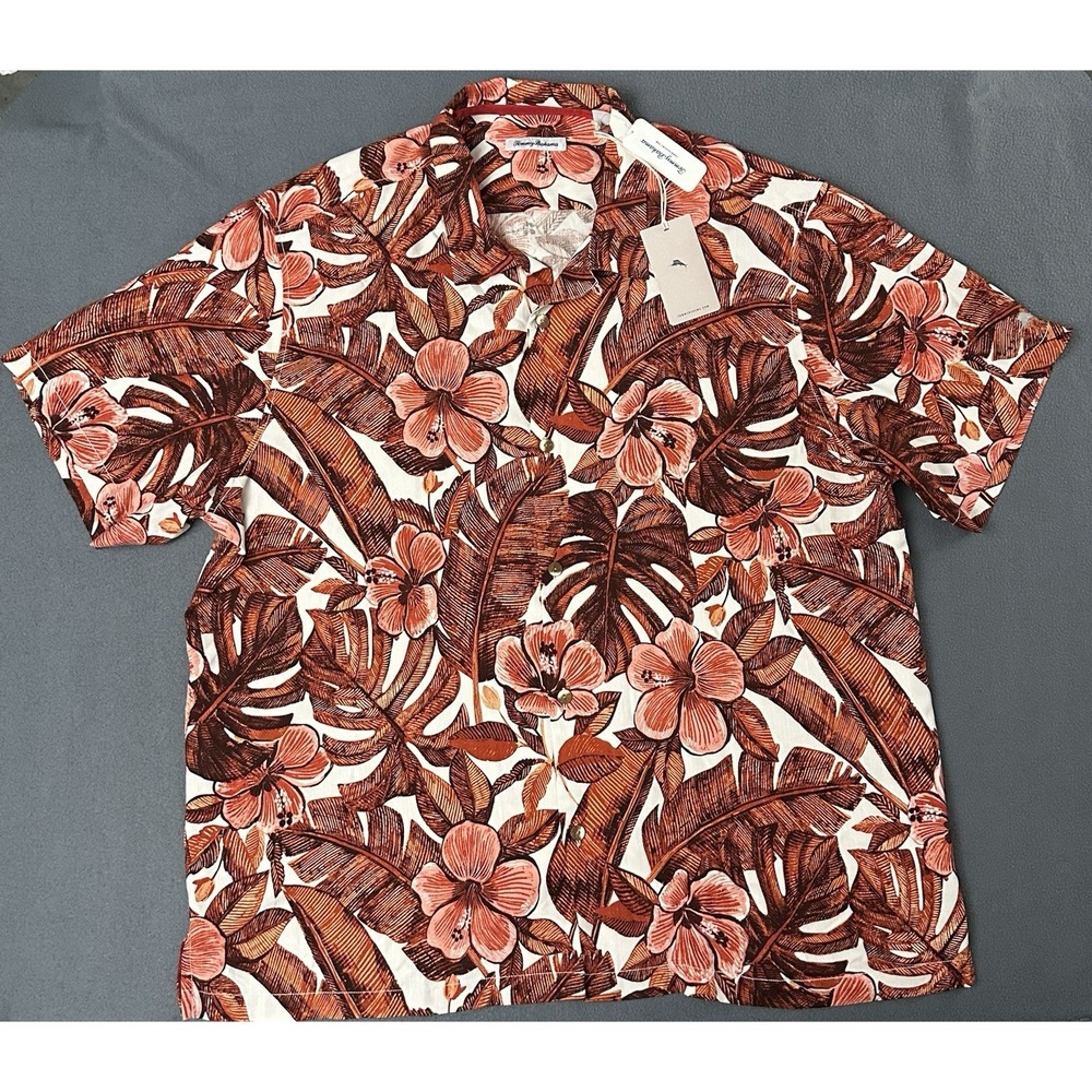 Tommy Bahama Shirt Mens XXL Maroon Floral Lush Camp 100% Silk Tropical Button Up